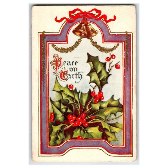 Christmas Postcard Other - Vintage Christmas Postcard Peace on Earth Holly Berries & Bells